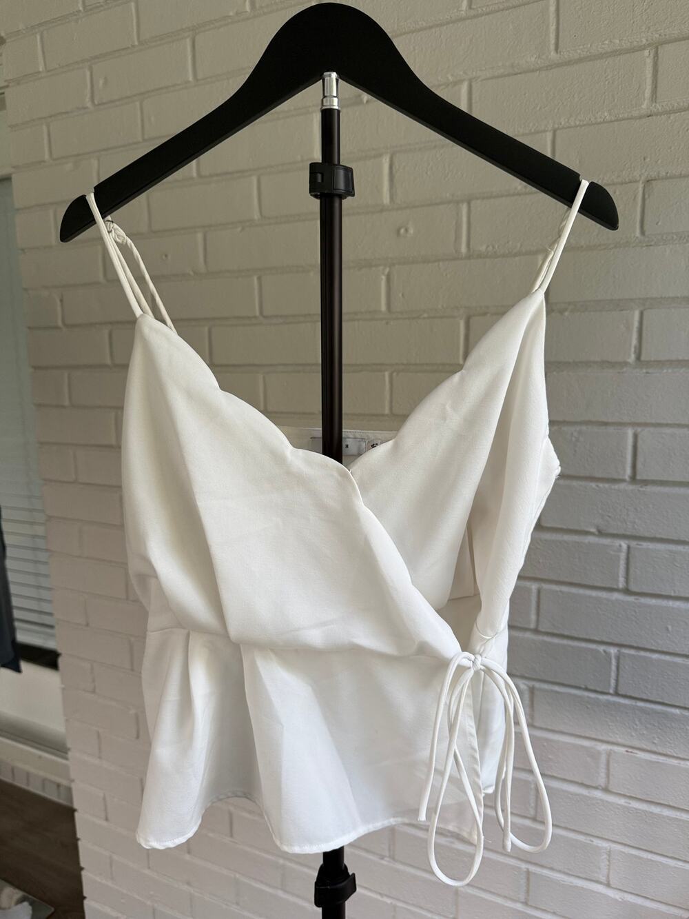 Lush Ivory Satin Wrap Cami Top L Tie Side Peplum Date Night Coastal